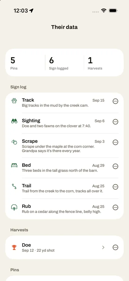A mentee’s sign log: tracks, sightings, scrapes, beds, trails and rubs