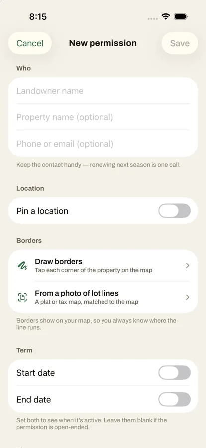 Adding a permission: the landowner, property name and contact, and a pinned location