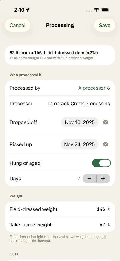 Processing: 62 lb take-home from a 146 lb field-dressed deer