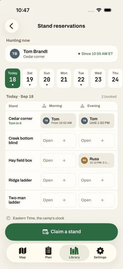 Stand reservations for the camp, today and the week ahead
