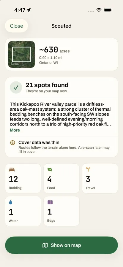 A finished scan: bedding, food, travel and water spots found